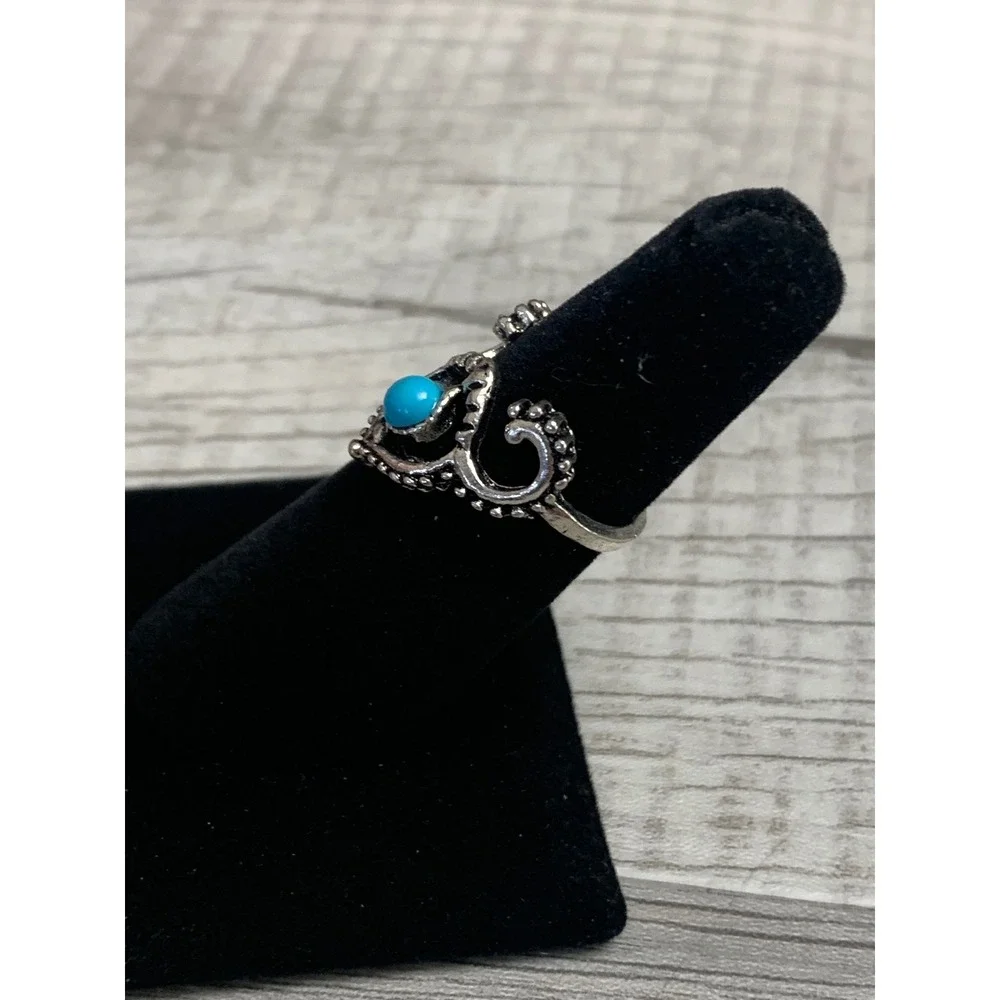 Boho Silver Tone Turquoise Cabochon Scrollwork Statement Ring Size 6.5